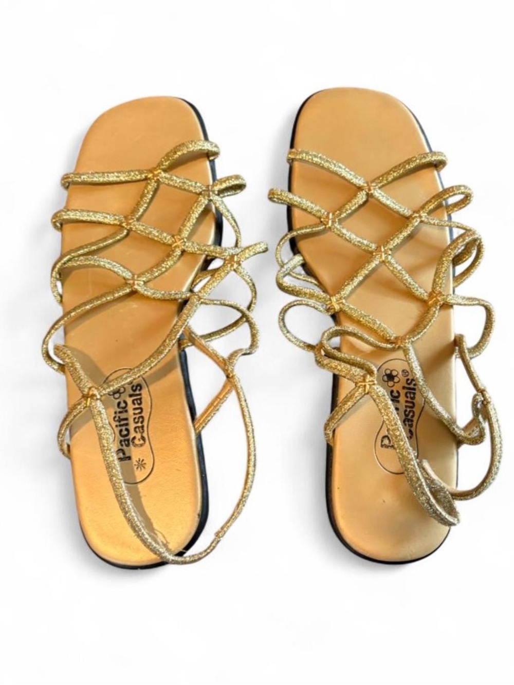 Y2K Pacific Casuals Gold Glitter Lace-Up Flat Sandals | Strappy Gladiator Style